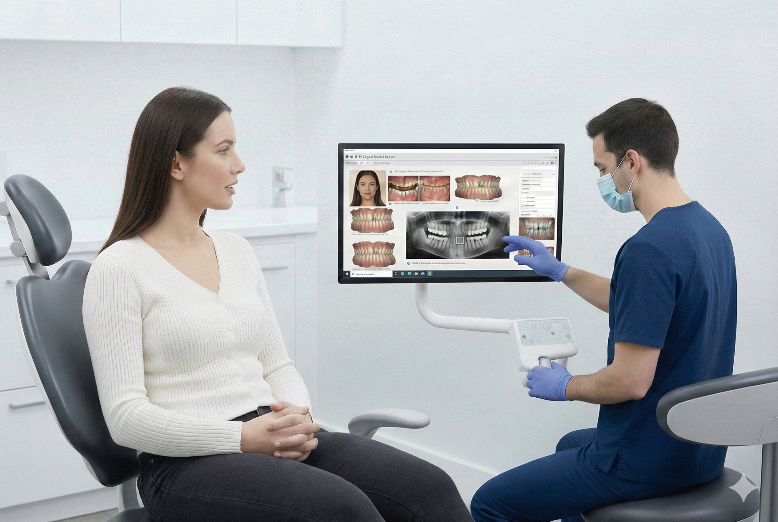 Clinician showing patient the Bite-It Digital Dental Report on screen