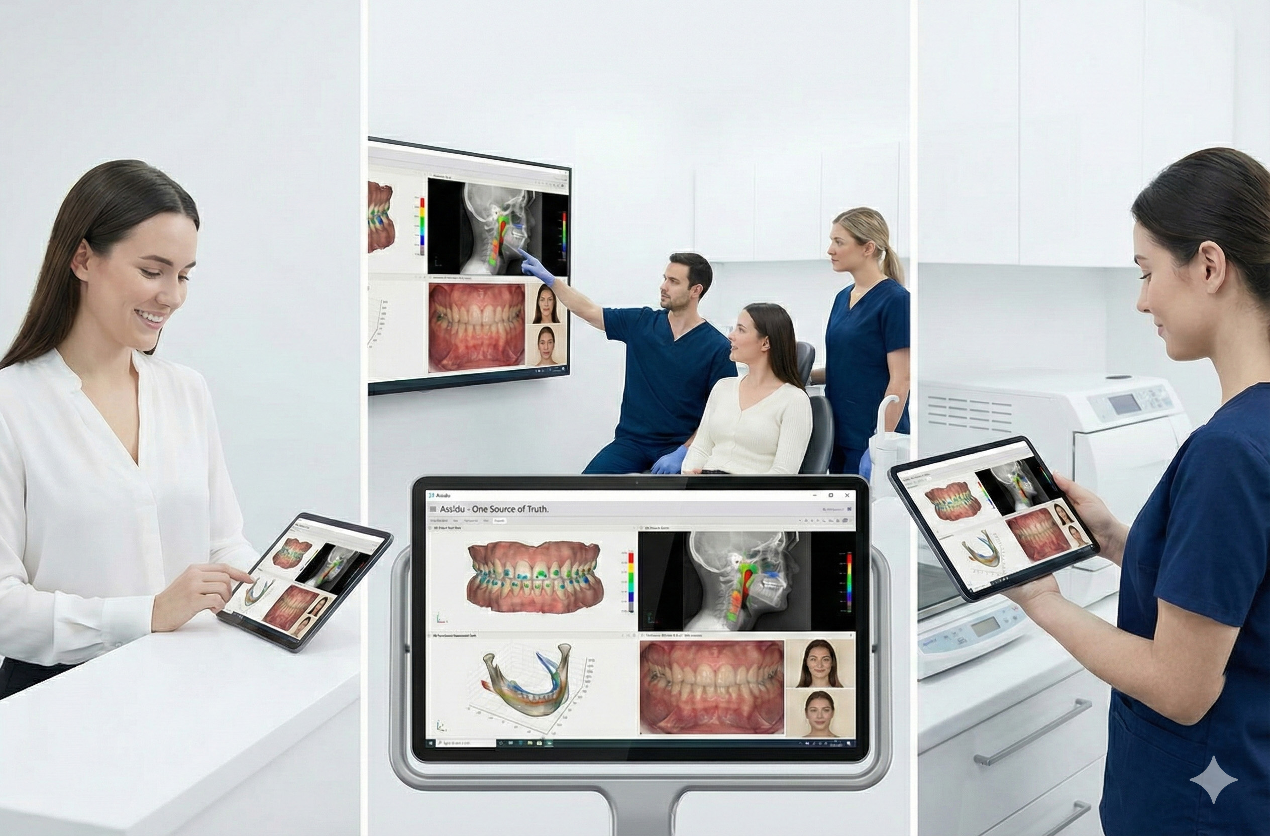 Dental team using Assidu across multiple devices — One Source of Truth
